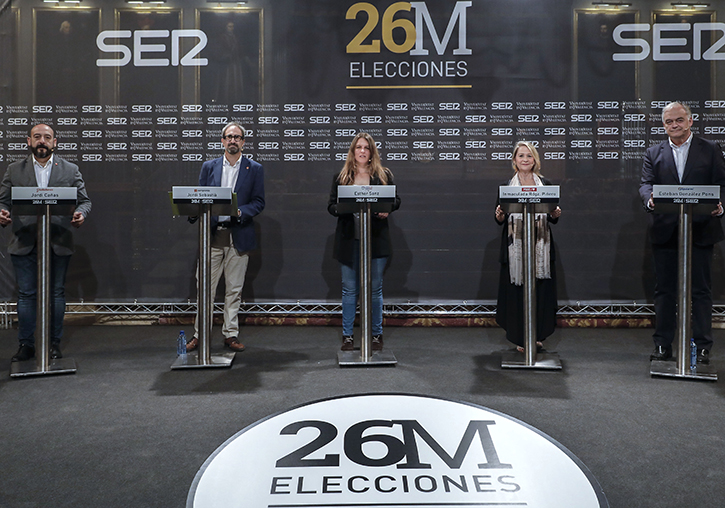 De izquierda a derecha: Jordi Cañas (Ciudadanos), Jordi Sebastià (Compromís), Esther Sanz (Unidas Podamos), Inmaculada Rodríguez Piñero (PSPV-PSOE) y Esteban González Pons (Partido Popular)